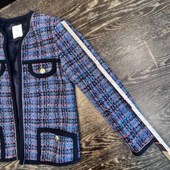 Sandro Women’s Tweed Bouclé Jacket M Blue Plaid Gold Buttons Preppy Classic Chic - Picture 13 of 14